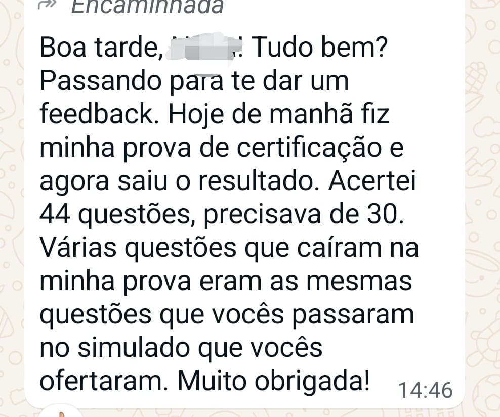 Depoimento de aluna aprovada em certificação após simulado da Águia Educação