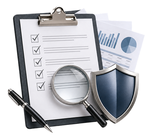 Prancheta com checklist, lupa e escudo representando controle interno no RPPS
